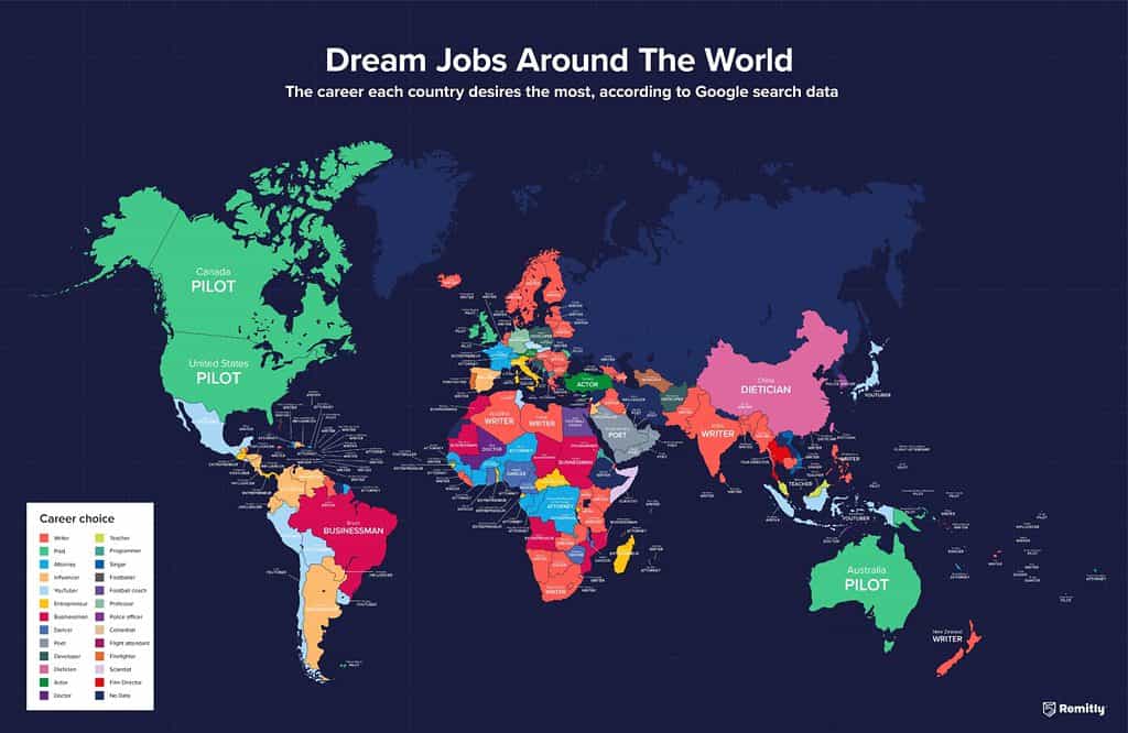 World map showing the most-searched dream job by country, according to Remitly&rsquo;s study