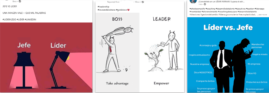 imagenes variadas de artículos de linkedin con imagenes de líder vs. jefe.